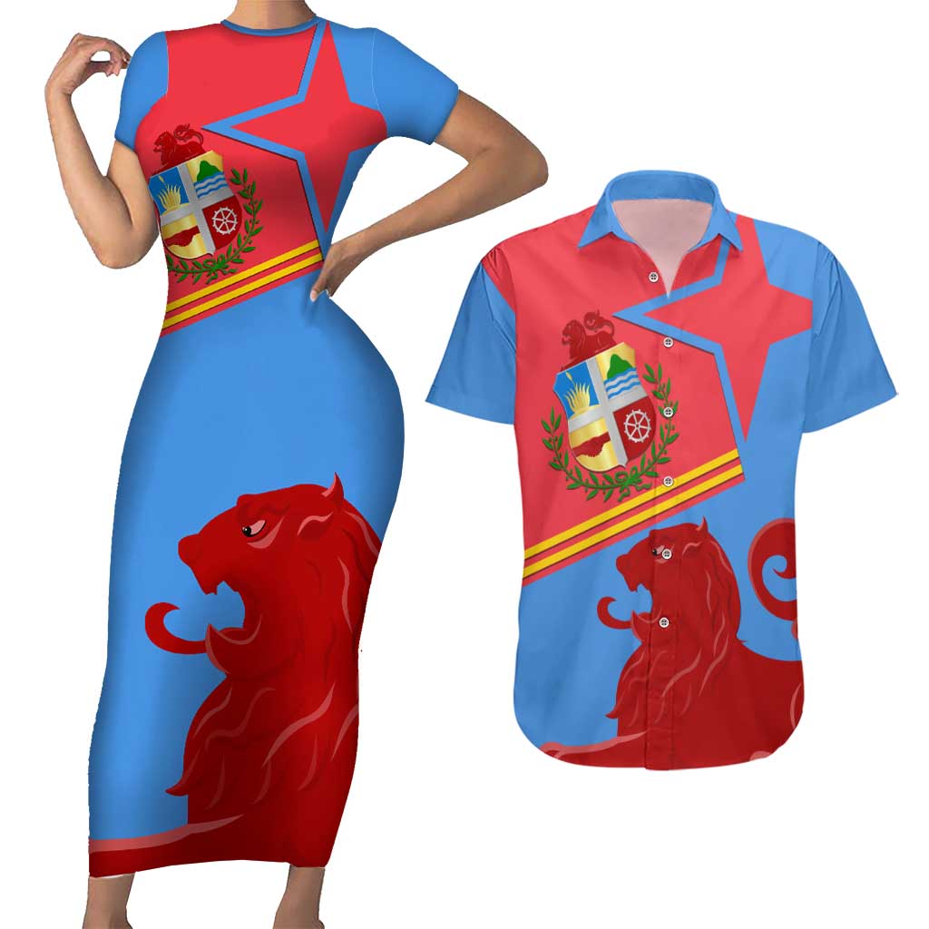 Aruba Flag Couples Matching Short Sleeve Bodycon Dress and Hawaiian Shirt Elements Merged with Country's Shape – Unique National Design