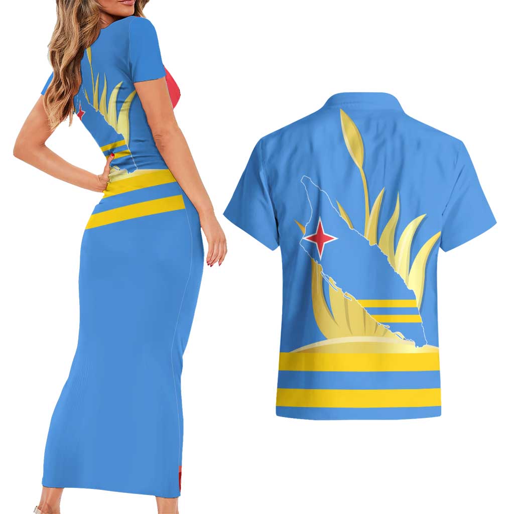 Aruba Flag Couples Matching Short Sleeve Bodycon Dress and Hawaiian Shirt Elements Merged with Country's Shape – Unique National Design