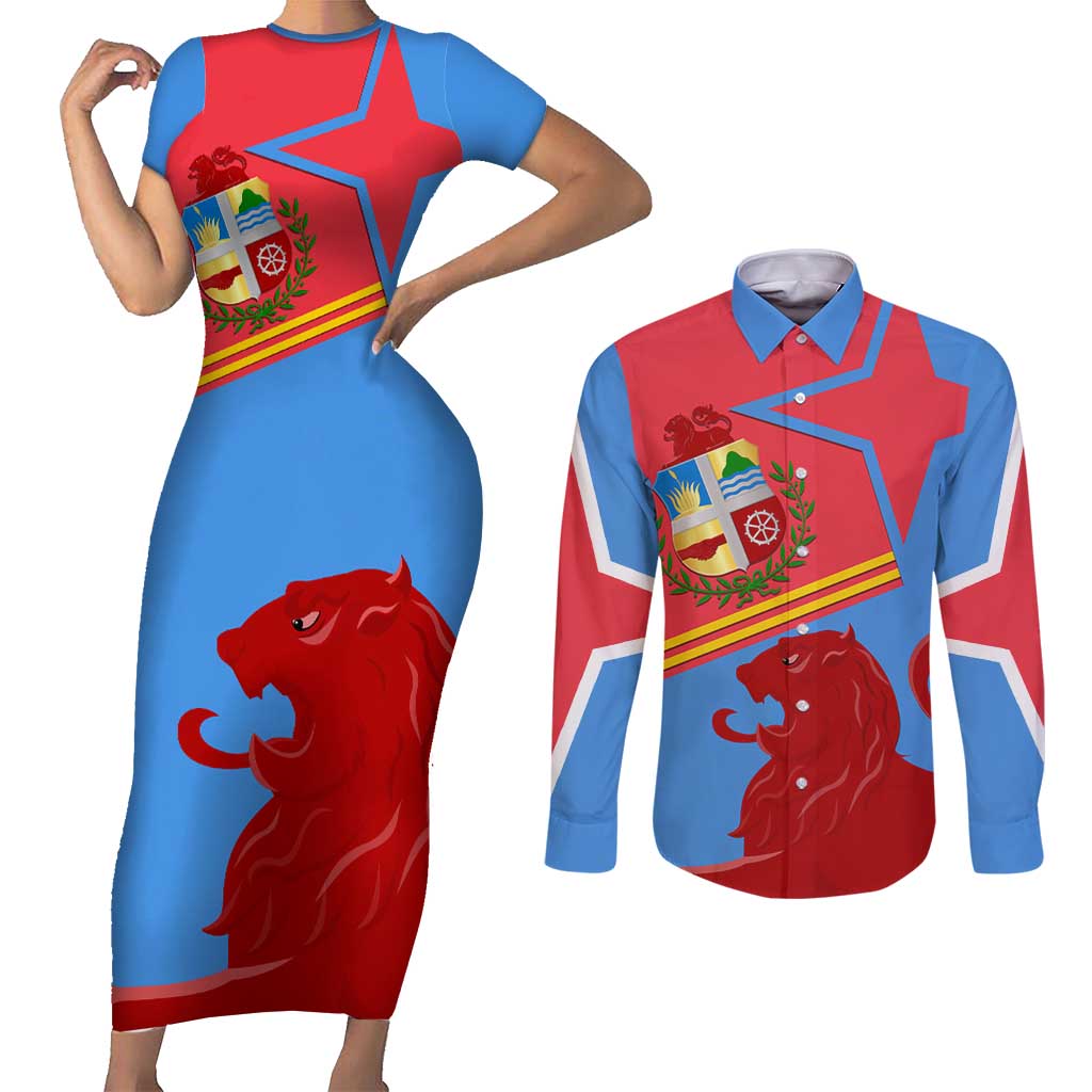 Aruba Flag Couples Matching Short Sleeve Bodycon Dress and Long Sleeve Button Shirt Elements Merged with Country's Shape – Unique National Design
