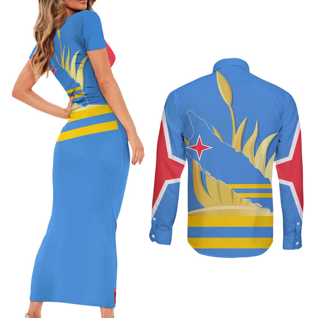 Aruba Flag Couples Matching Short Sleeve Bodycon Dress and Long Sleeve Button Shirt Elements Merged with Country's Shape – Unique National Design
