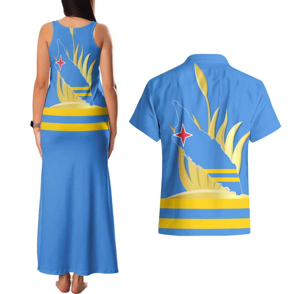 Aruba Flag Couples Matching Tank Maxi Dress and Hawaiian Shirt Elements Merged with Country's Shape – Unique National Design