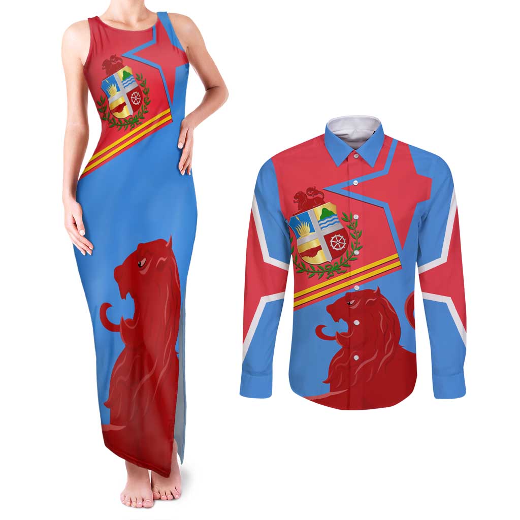Aruba Flag Couples Matching Tank Maxi Dress and Long Sleeve Button Shirt Elements Merged with Country's Shape – Unique National Design