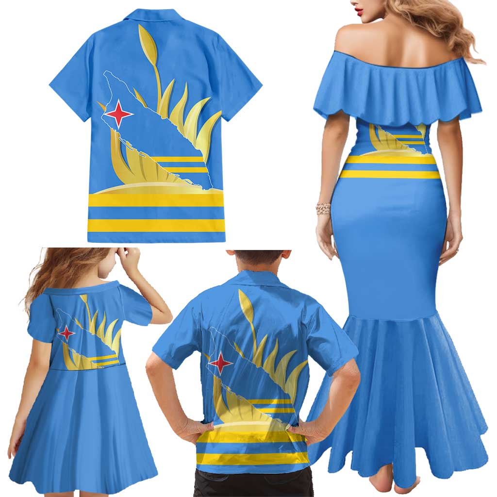 Aruba Flag Family Matching Mermaid Dress and Hawaiian Shirt Elements Merged with Country's Shape – Unique National Design
