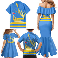 Aruba Flag Family Matching Mermaid Dress and Hawaiian Shirt Elements Merged with Country's Shape – Unique National Design