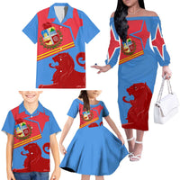 Aruba Flag Family Matching Off The Shoulder Long Sleeve Dress and Hawaiian Shirt Elements Merged with Country's Shape – Unique National Design