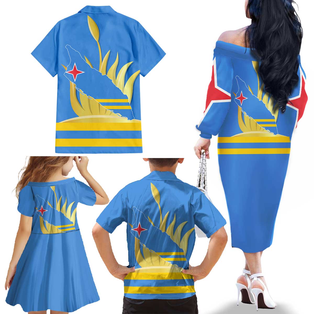 Aruba Flag Family Matching Off The Shoulder Long Sleeve Dress and Hawaiian Shirt Elements Merged with Country's Shape – Unique National Design