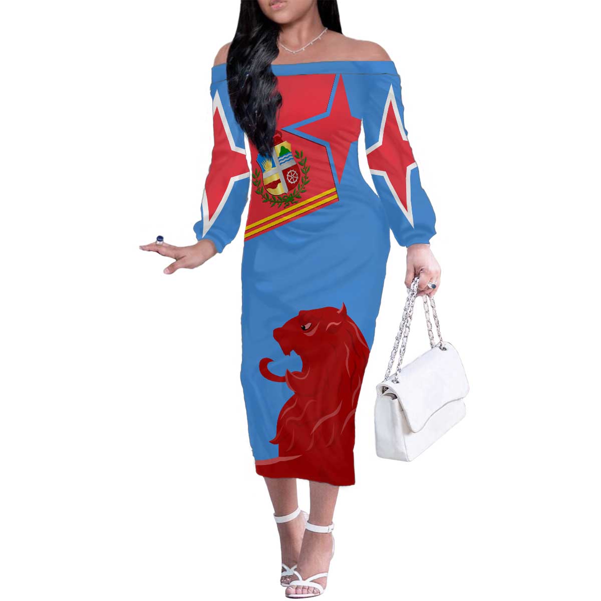 Aruba Flag Family Matching Off The Shoulder Long Sleeve Dress and Hawaiian Shirt Elements Merged with Country's Shape – Unique National Design
