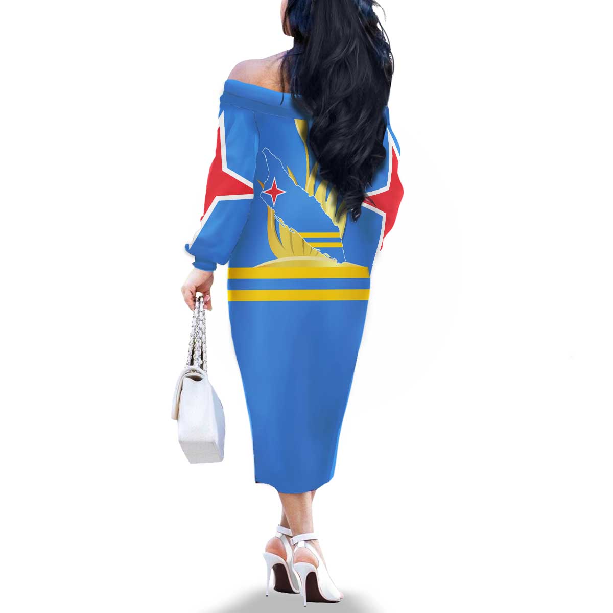 Aruba Flag Family Matching Off The Shoulder Long Sleeve Dress and Hawaiian Shirt Elements Merged with Country's Shape – Unique National Design