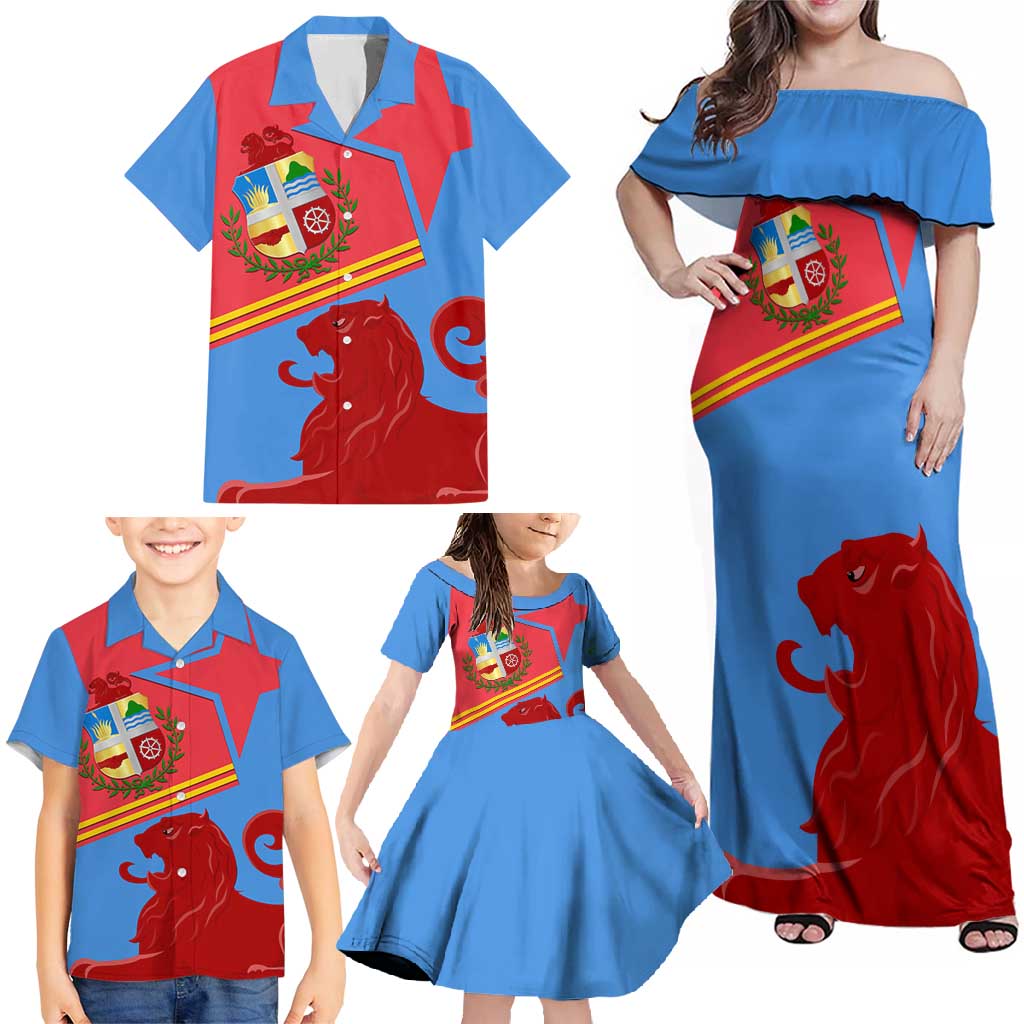 Aruba Flag Family Matching Off Shoulder Maxi Dress and Hawaiian Shirt Elements Merged with Country's Shape – Unique National Design