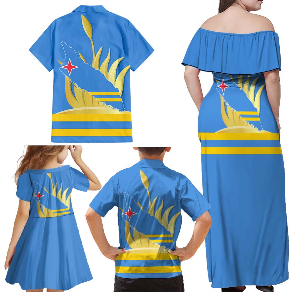 Aruba Flag Family Matching Off Shoulder Maxi Dress and Hawaiian Shirt Elements Merged with Country's Shape – Unique National Design