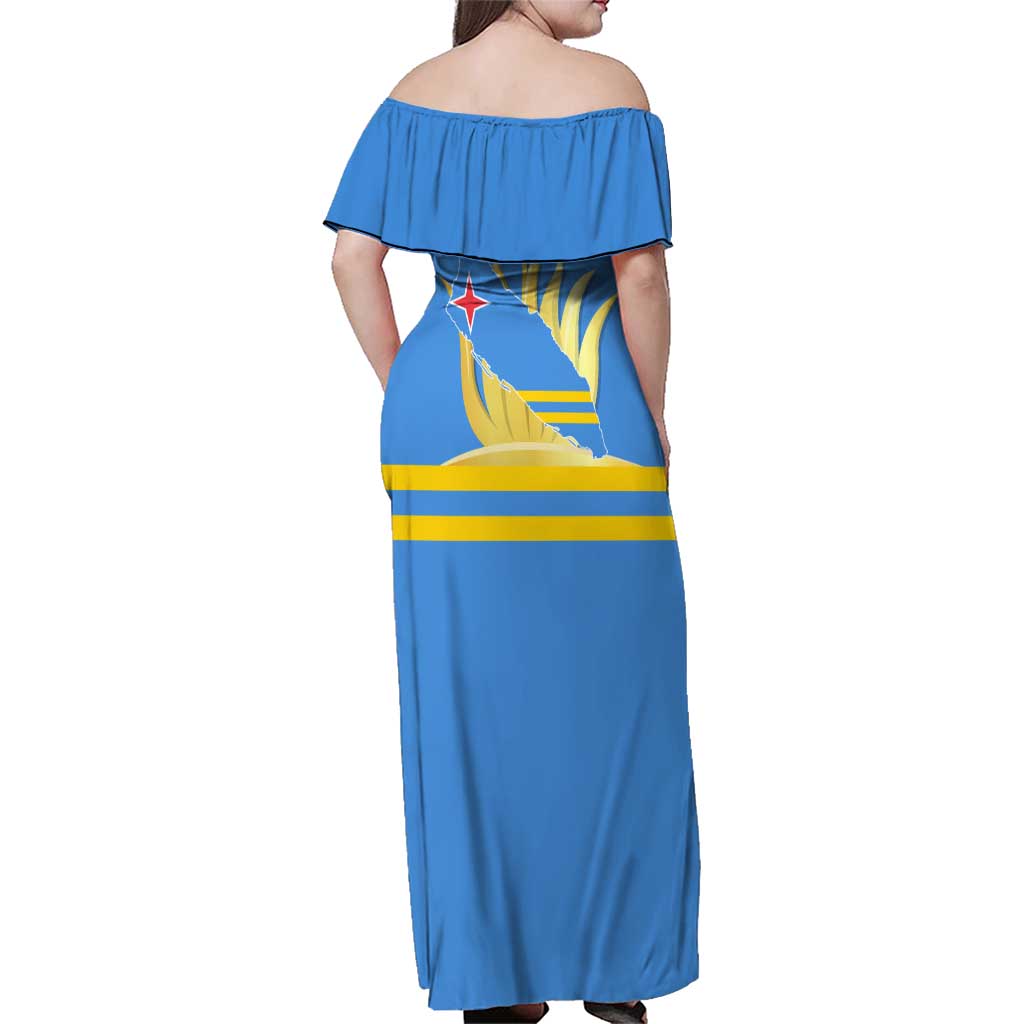 Aruba Flag Family Matching Off Shoulder Maxi Dress and Hawaiian Shirt Elements Merged with Country's Shape – Unique National Design