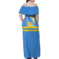 Aruba Flag Family Matching Off Shoulder Maxi Dress and Hawaiian Shirt Elements Merged with Country's Shape – Unique National Design