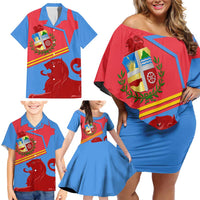 Aruba Flag Family Matching Off Shoulder Short Dress and Hawaiian Shirt Elements Merged with Country's Shape – Unique National Design