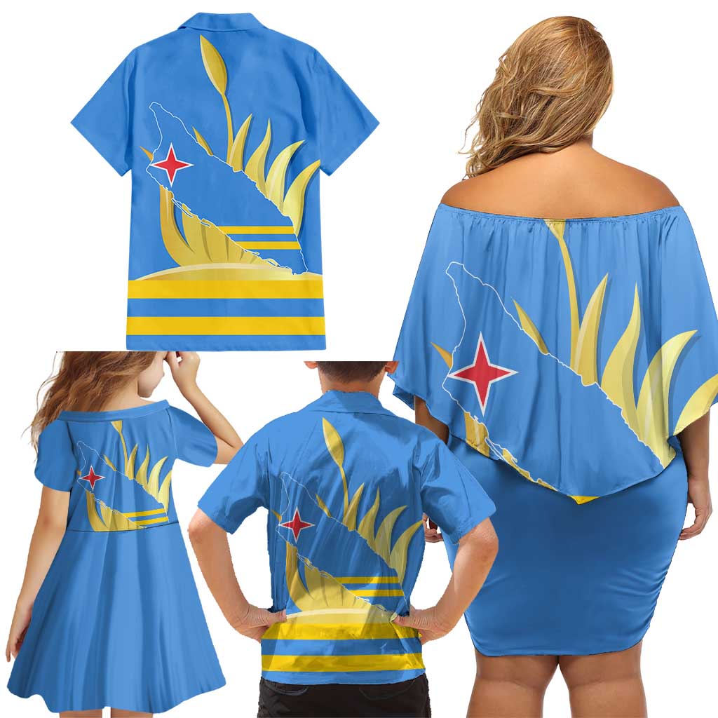 Aruba Flag Family Matching Off Shoulder Short Dress and Hawaiian Shirt Elements Merged with Country's Shape – Unique National Design
