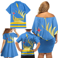 Aruba Flag Family Matching Off Shoulder Short Dress and Hawaiian Shirt Elements Merged with Country's Shape – Unique National Design