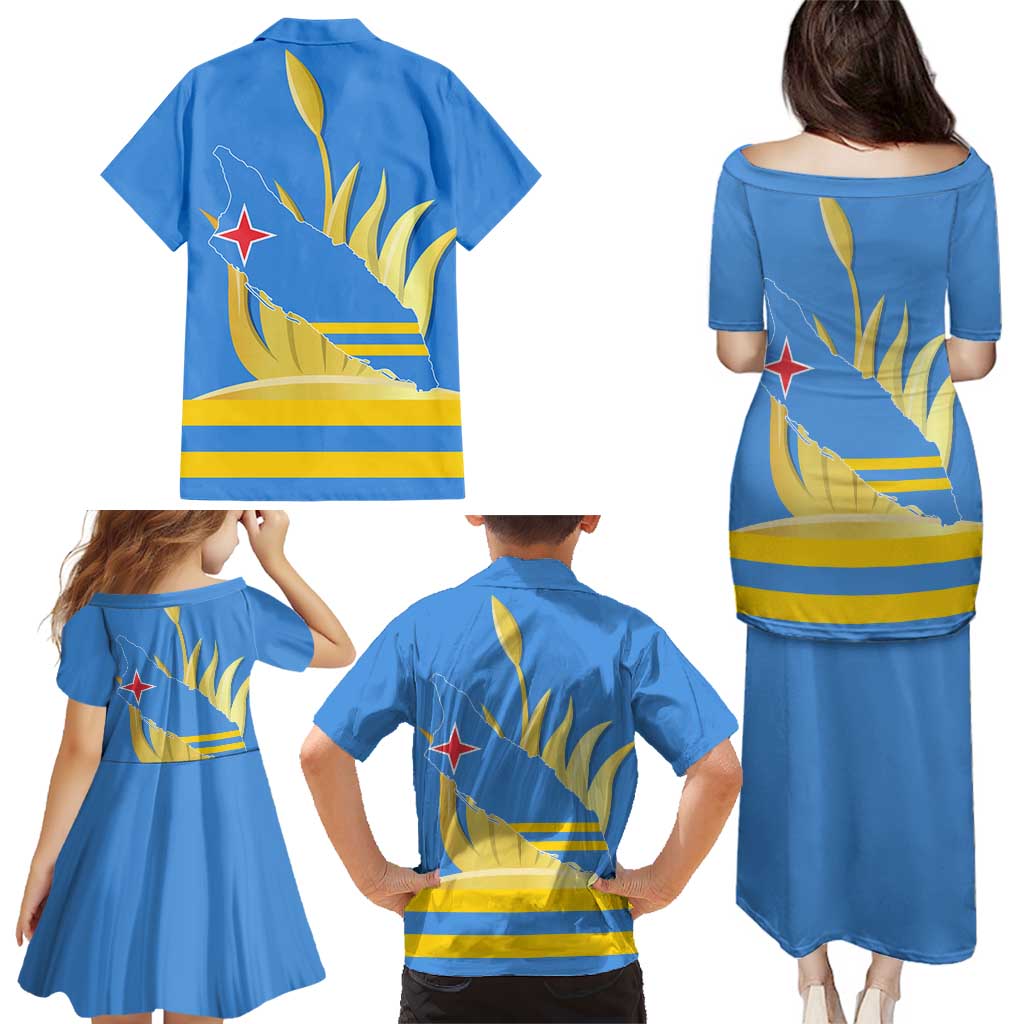 Aruba Flag Family Matching Puletasi and Hawaiian Shirt Elements Merged with Country's Shape – Unique National Design
