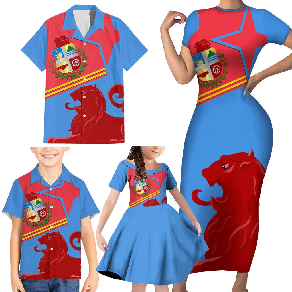 Aruba Flag Family Matching Short Sleeve Bodycon Dress and Hawaiian Shirt Elements Merged with Country's Shape – Unique National Design