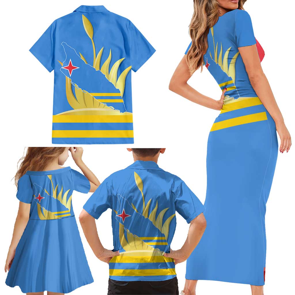 Aruba Flag Family Matching Short Sleeve Bodycon Dress and Hawaiian Shirt Elements Merged with Country's Shape – Unique National Design