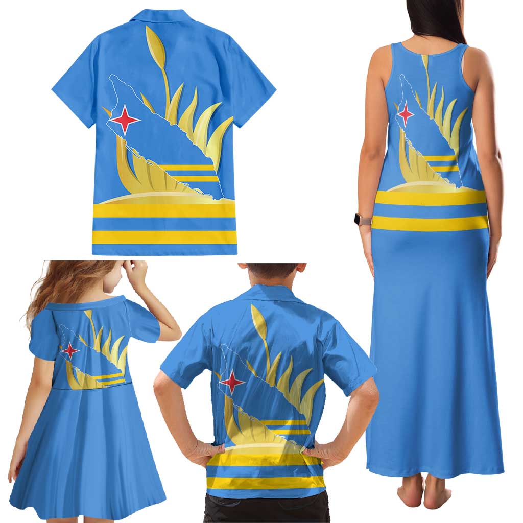 Aruba Flag Family Matching Tank Maxi Dress and Hawaiian Shirt Elements Merged with Country's Shape – Unique National Design