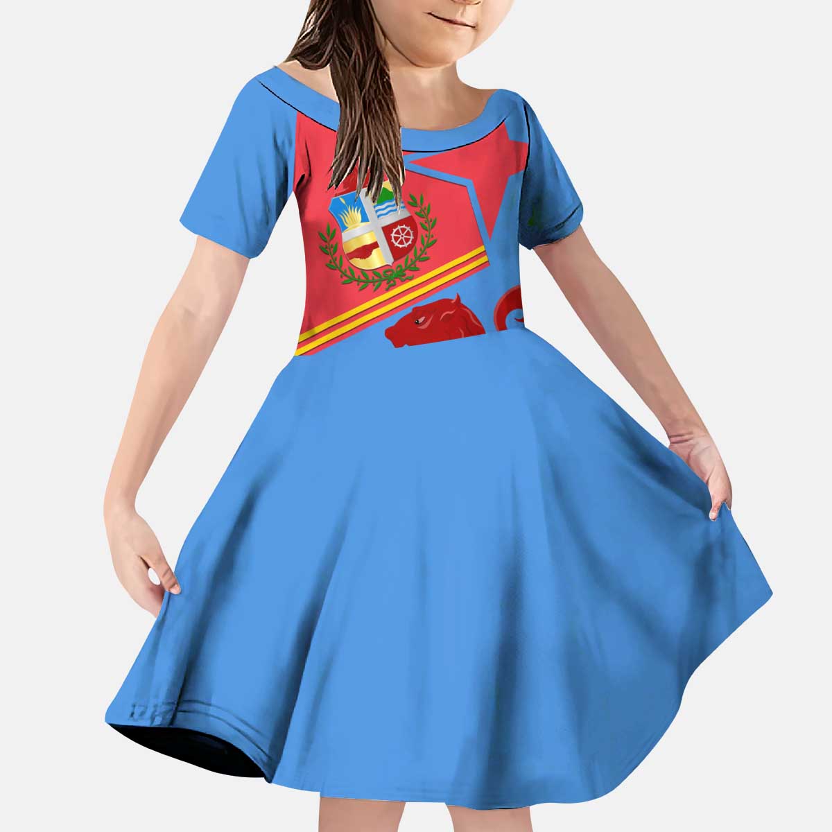 Aruba Flag Kid Short Sleeve Dress Elements Merged with Country's Shape – Unique National Design