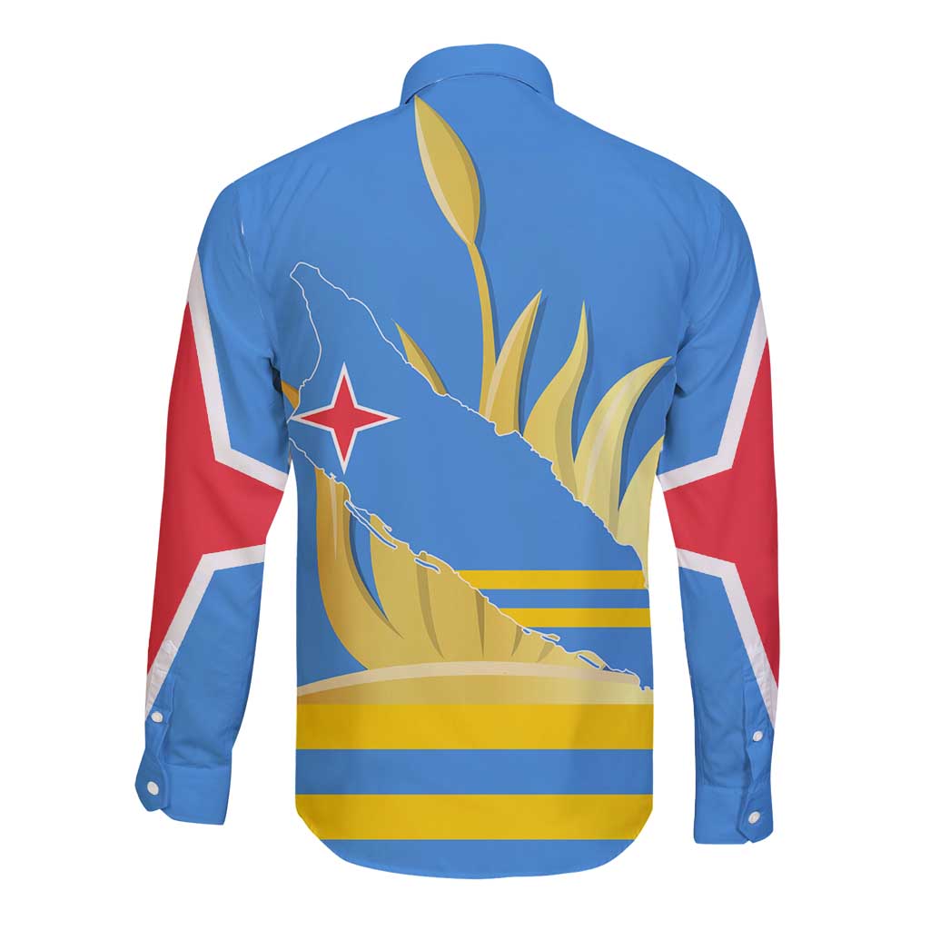 Aruba Flag Long Sleeve Button Shirt Elements Merged with Country's Shape – Unique National Design
