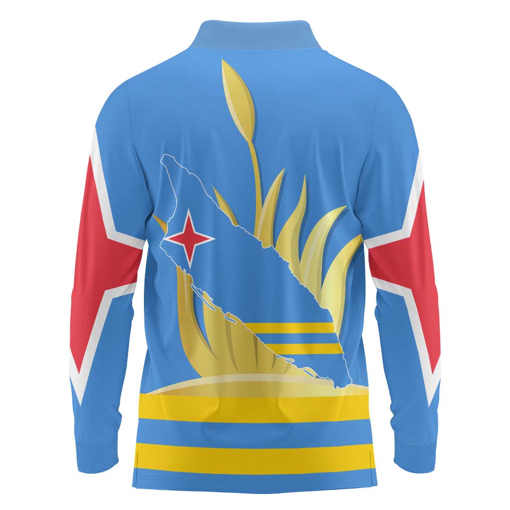 Aruba Flag Long Sleeve Polo Shirt Elements Merged with Country's Shape – Unique National Design