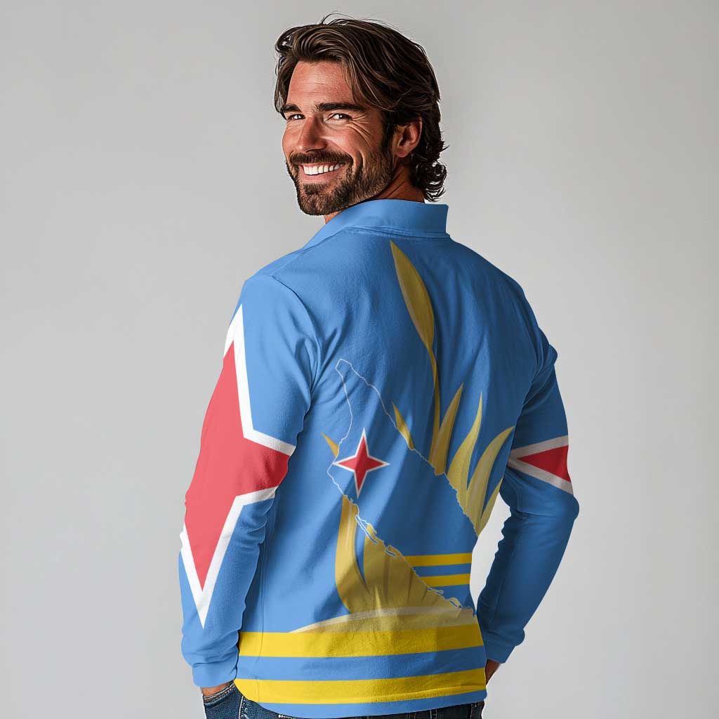 Aruba Flag Long Sleeve Polo Shirt Elements Merged with Country's Shape – Unique National Design