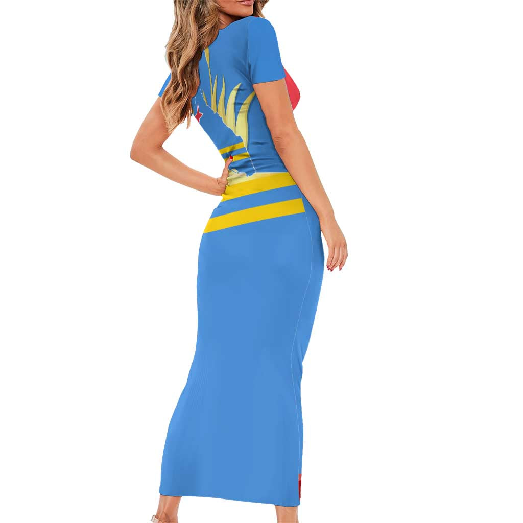 Aruba Flag Short Sleeve Bodycon Dress Elements Merged with Country's Shape – Unique National Design
