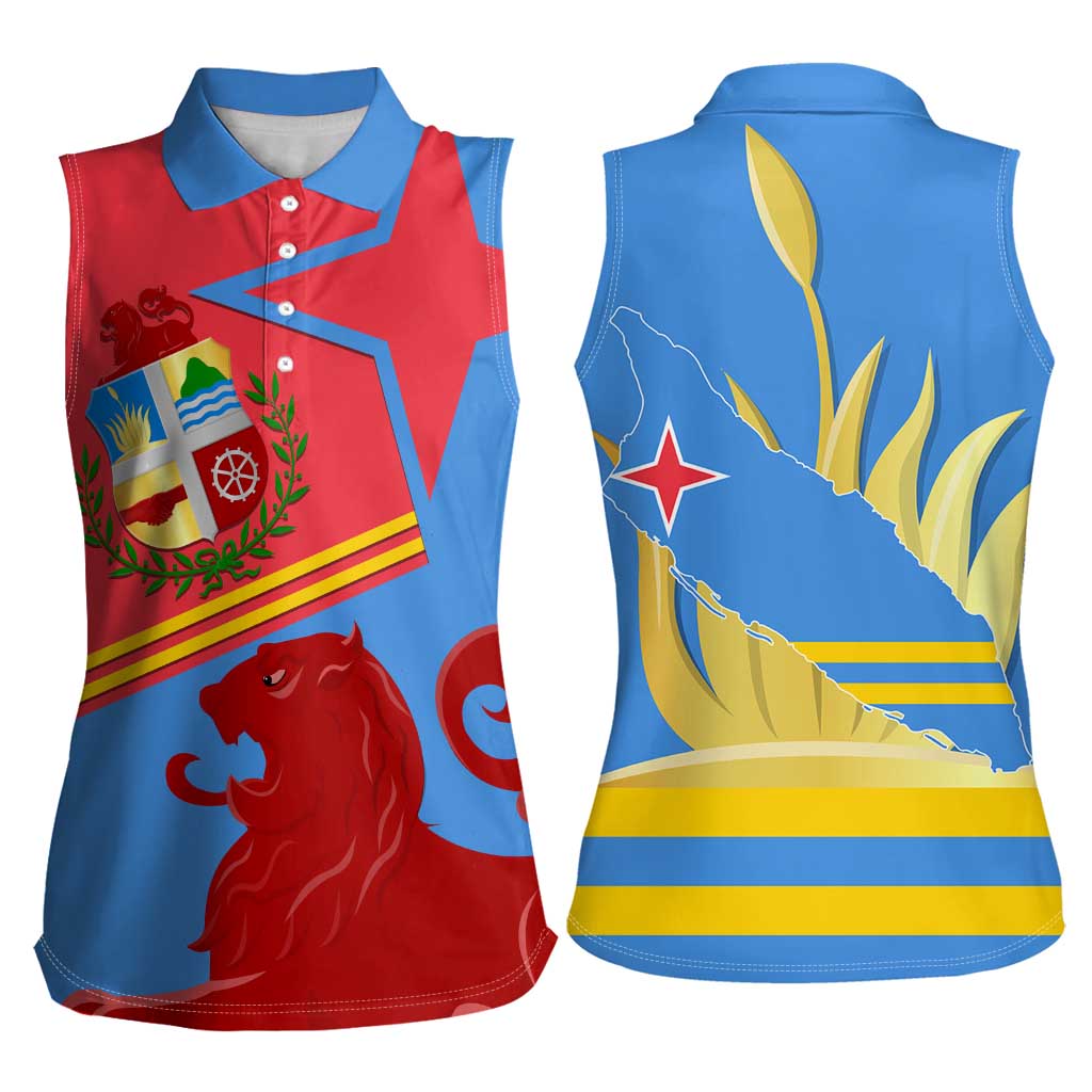 Aruba Flag Women Sleeveless Polo Shirt Elements Merged with Country's Shape – Unique National Design