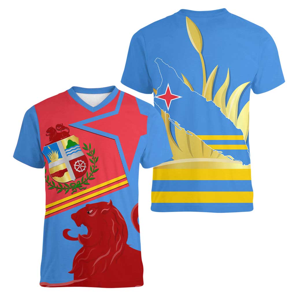 Aruba Flag Women V-Neck T-Shirt Elements Merged with Country's Shape – Unique National Design
