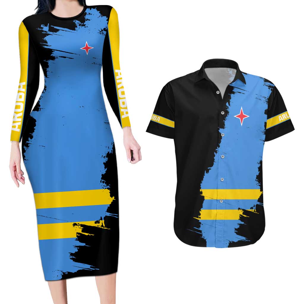 Aruba's Mascot Couples Matching Long Sleeve Bodycon Dress and Hawaiian Shirt Blended with National Flag Details – Symbolic Design