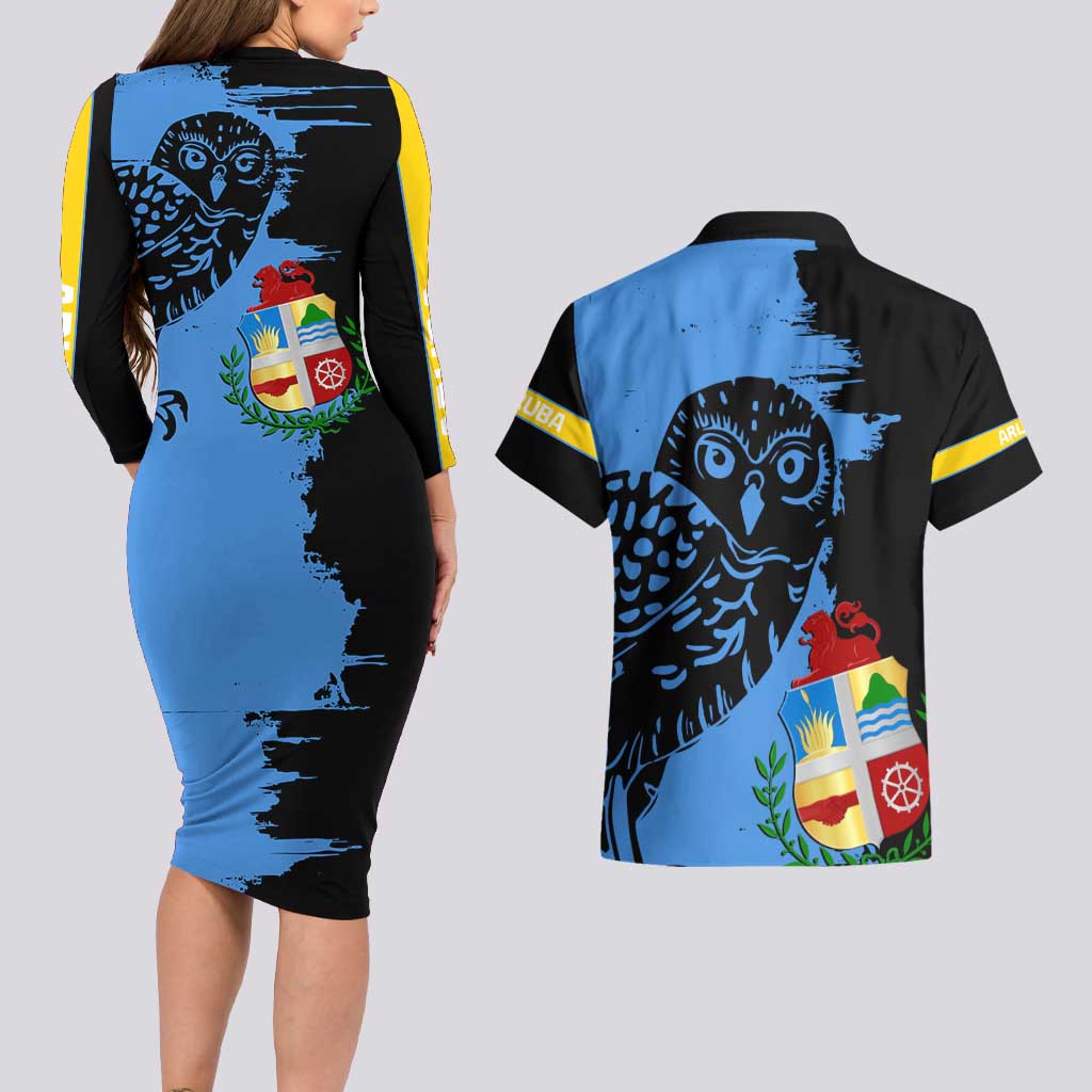 Aruba's Mascot Couples Matching Long Sleeve Bodycon Dress and Hawaiian Shirt Blended with National Flag Details – Symbolic Design