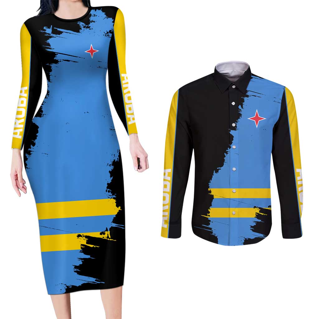 Aruba's Mascot Couples Matching Long Sleeve Bodycon Dress and Long Sleeve Button Shirt Blended with National Flag Details – Symbolic Design