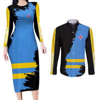 Aruba's Mascot Couples Matching Long Sleeve Bodycon Dress and Long Sleeve Button Shirt Blended with National Flag Details – Symbolic Design