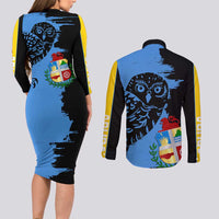 Aruba's Mascot Couples Matching Long Sleeve Bodycon Dress and Long Sleeve Button Shirt Blended with National Flag Details – Symbolic Design