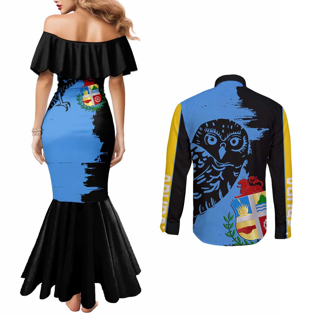 Aruba's Mascot Couples Matching Mermaid Dress and Long Sleeve Button Shirt Blended with National Flag Details – Symbolic Design