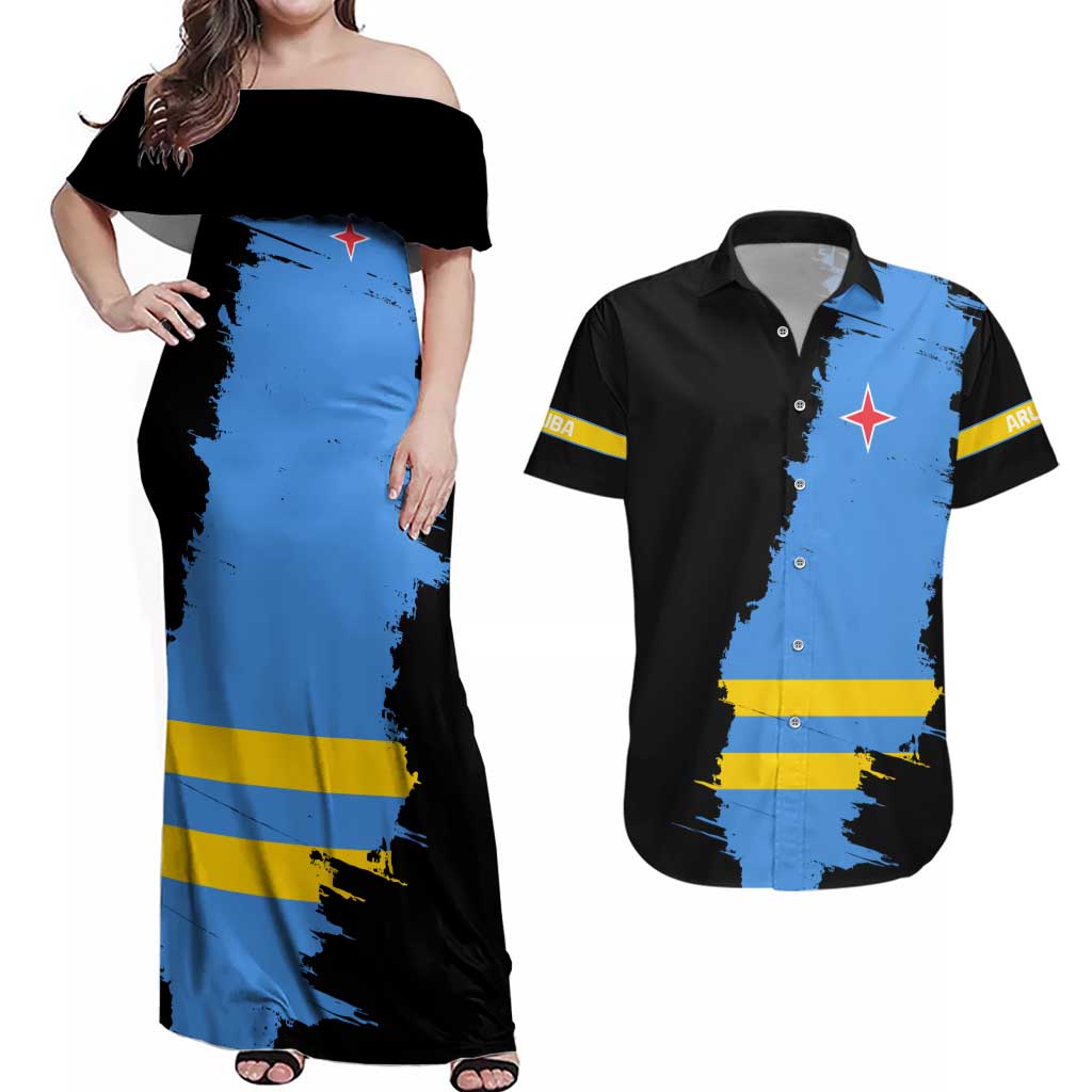 Aruba's Mascot Couples Matching Off Shoulder Maxi Dress and Hawaiian Shirt Blended with National Flag Details – Symbolic Design