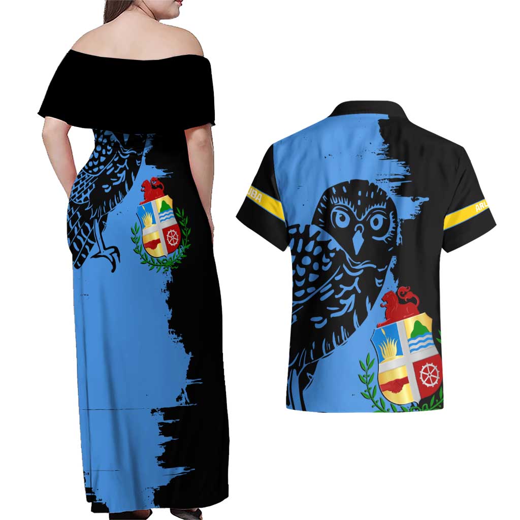 Aruba's Mascot Couples Matching Off Shoulder Maxi Dress and Hawaiian Shirt Blended with National Flag Details – Symbolic Design