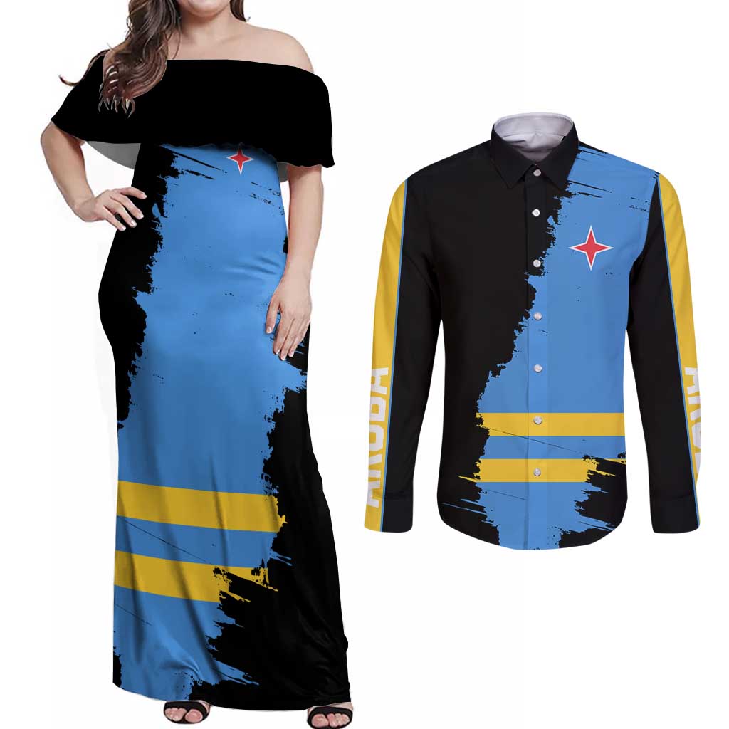 Aruba's Mascot Couples Matching Off Shoulder Maxi Dress and Long Sleeve Button Shirt Blended with National Flag Details – Symbolic Design