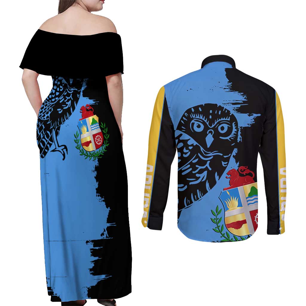 Aruba's Mascot Couples Matching Off Shoulder Maxi Dress and Long Sleeve Button Shirt Blended with National Flag Details – Symbolic Design