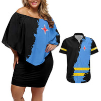 Aruba's Mascot Couples Matching Off Shoulder Short Dress and Hawaiian Shirt Blended with National Flag Details – Symbolic Design