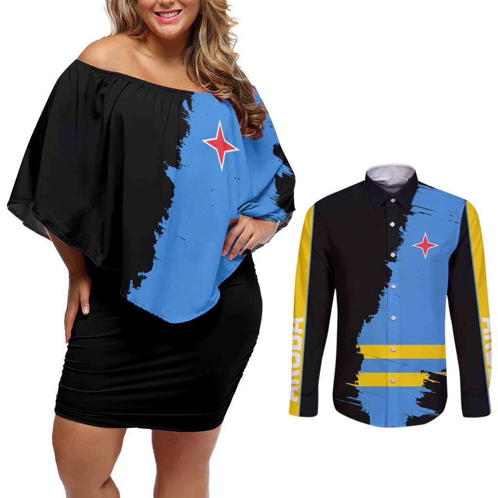 Aruba's Mascot Couples Matching Off Shoulder Short Dress and Long Sleeve Button Shirt Blended with National Flag Details – Symbolic Design