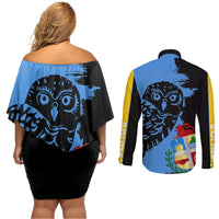 Aruba's Mascot Couples Matching Off Shoulder Short Dress and Long Sleeve Button Shirt Blended with National Flag Details – Symbolic Design