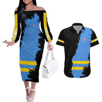 Aruba's Mascot Couples Matching Off The Shoulder Long Sleeve Dress and Hawaiian Shirt Blended with National Flag Details – Symbolic Design