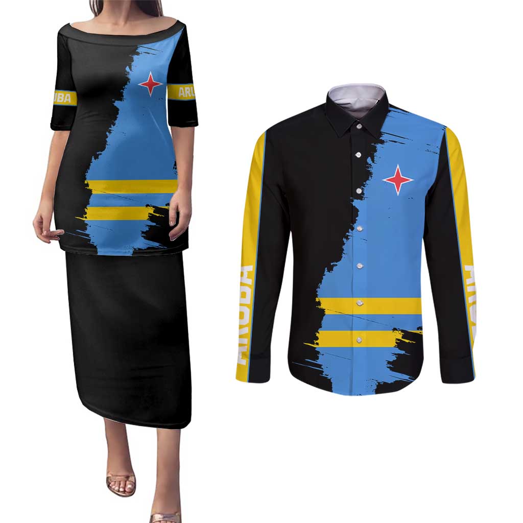 Aruba's Mascot Couples Matching Puletasi and Long Sleeve Button Shirt Blended with National Flag Details – Symbolic Design