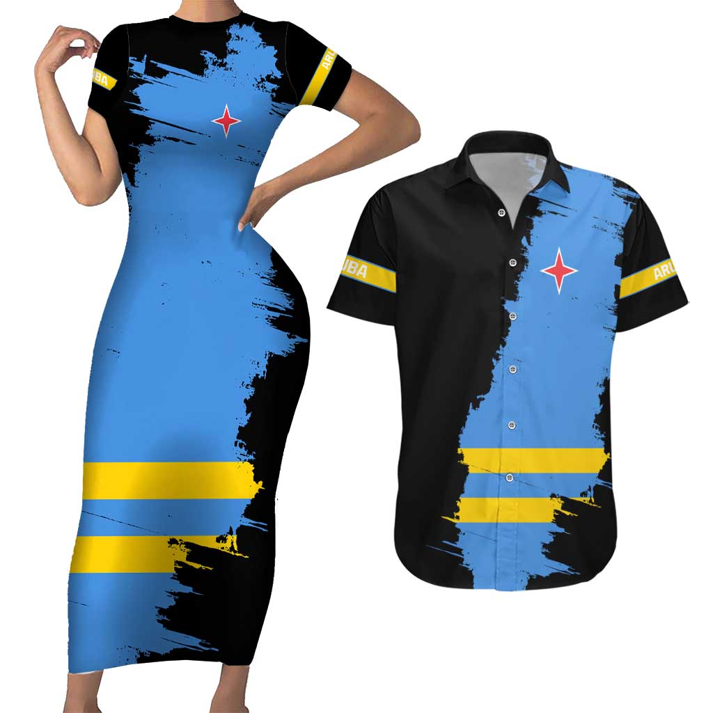 Aruba's Mascot Couples Matching Short Sleeve Bodycon Dress and Hawaiian Shirt Blended with National Flag Details – Symbolic Design