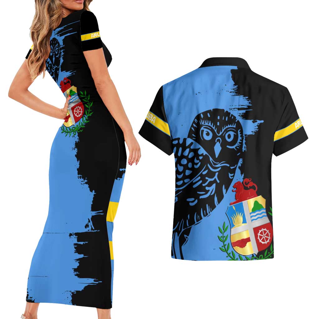 Aruba's Mascot Couples Matching Short Sleeve Bodycon Dress and Hawaiian Shirt Blended with National Flag Details – Symbolic Design