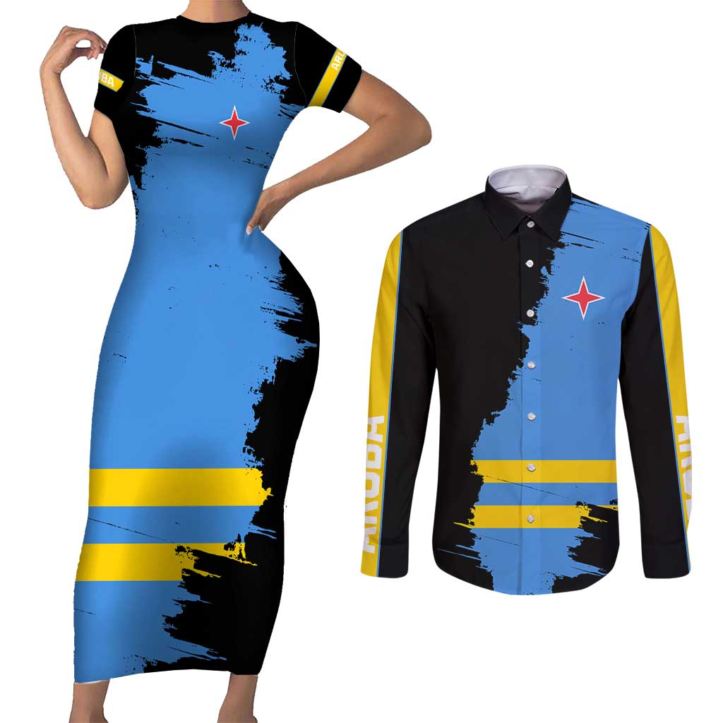 Aruba's Mascot Couples Matching Short Sleeve Bodycon Dress and Long Sleeve Button Shirt Blended with National Flag Details – Symbolic Design