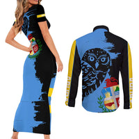 Aruba's Mascot Couples Matching Short Sleeve Bodycon Dress and Long Sleeve Button Shirt Blended with National Flag Details – Symbolic Design
