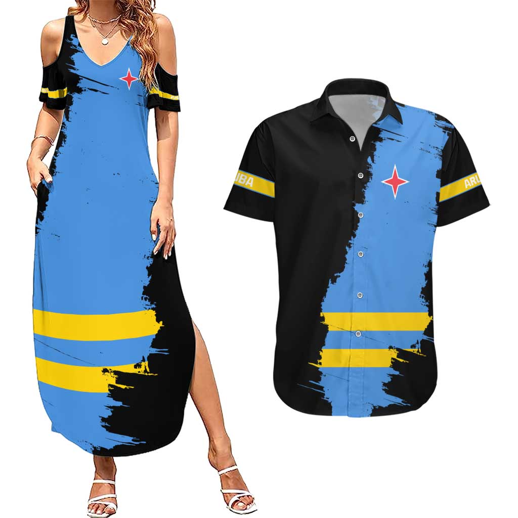 Aruba's Mascot Couples Matching Summer Maxi Dress and Hawaiian Shirt Blended with National Flag Details – Symbolic Design